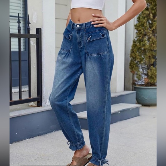 Denim - Blue High-Waist Relaxed Jeans for Women With Tie Ankles